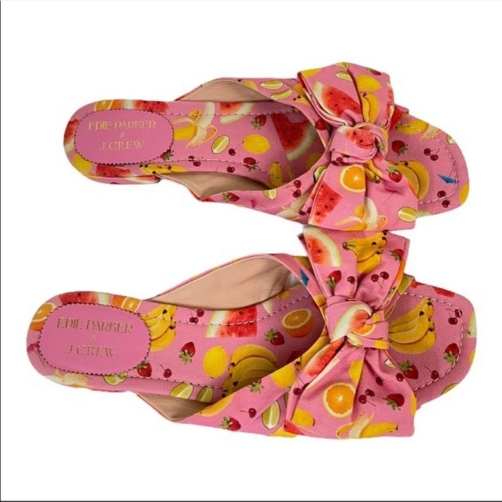 J. Crew x Edie Parker Pink Fruit-Print Bow Slide Sandals